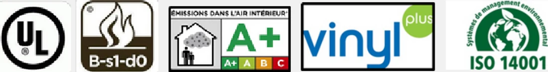 Certifications: UL Classified, fire rating B-s1-d0, A+ indoor air emissions, vinyl+, ISO 14001